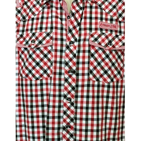 Koman Red, Black & White Button Down Plaid Shirt Size M - Picture 4 of 9
